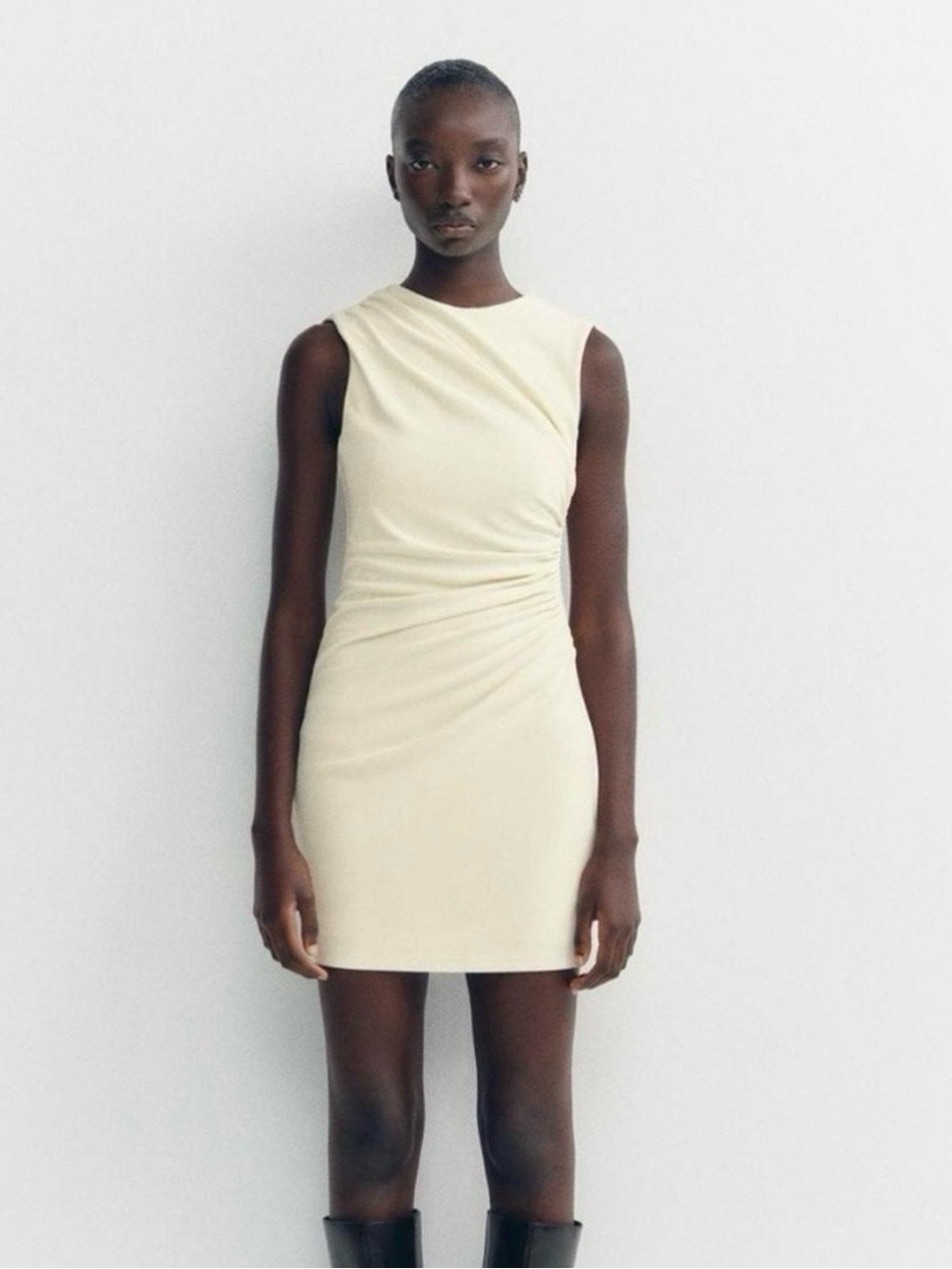 Zara Cream Sleeveless Ruched Mini Dress